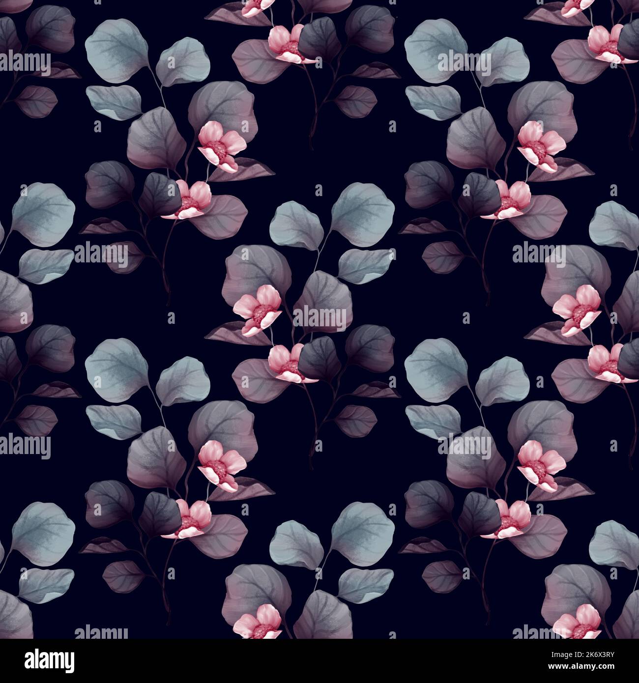 Flowers and leaves on black background. Seamless floral pattern Stock ...