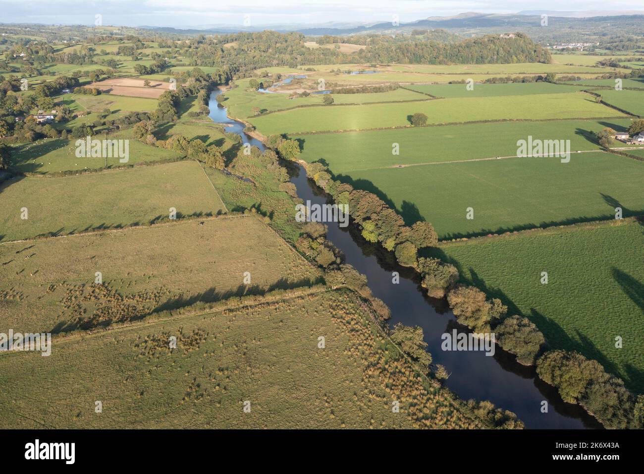 Aerial view of River Towy with intensively farmed grass fields on the right and unimproved fields on the left Stock Photo