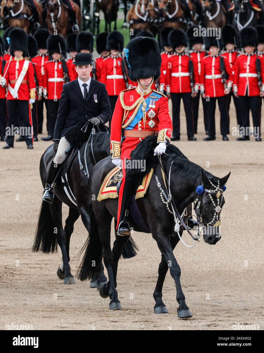 Prince William, now the Prince of Wales, in  ceremonial uniform of the Irish Guards on horseback, the Colonel's Review,  Trooping the Colour, London Stock Photo