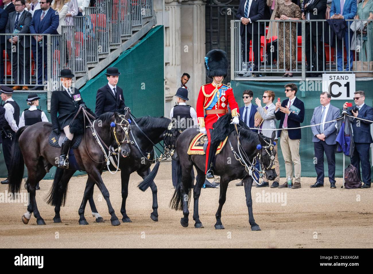 Prince William, the Duke of Cambridge now the Prince of Wales, in  ceremonial uniform of the Irish Guards on horseback, the Colonel's Review,  Troopin Stock Photo