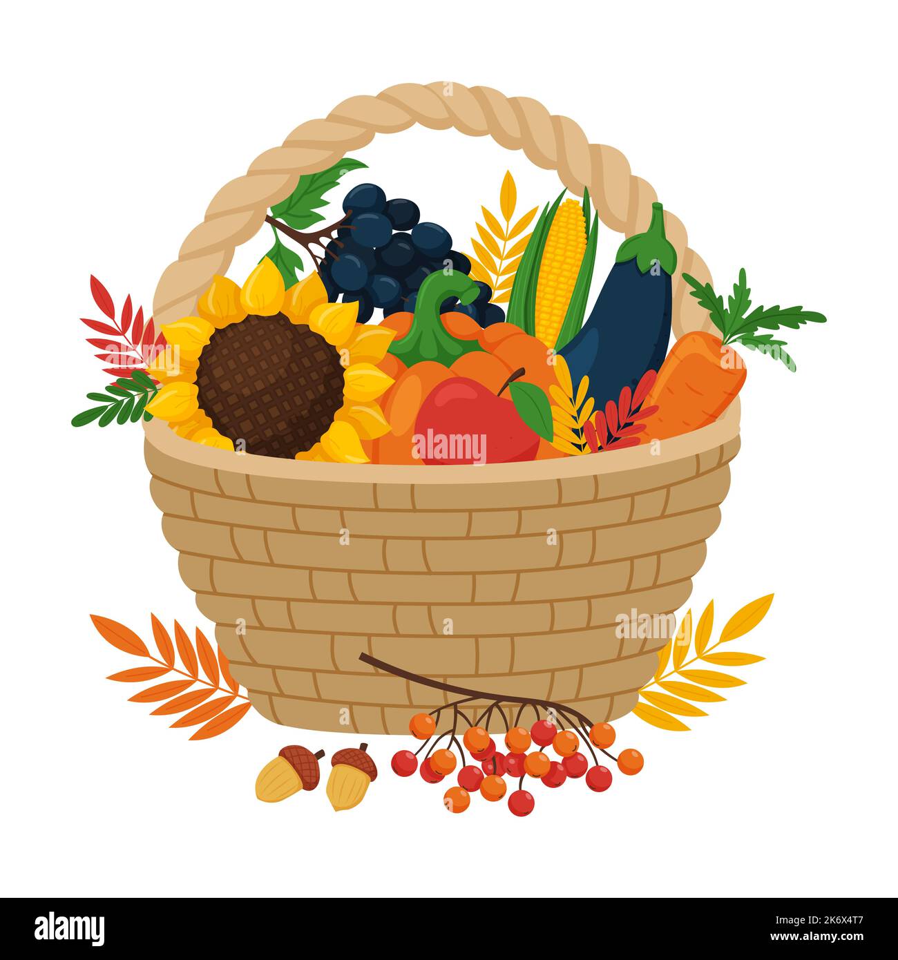A wicker basket with an autumn harvest of vegetables and fruits. Vector ...