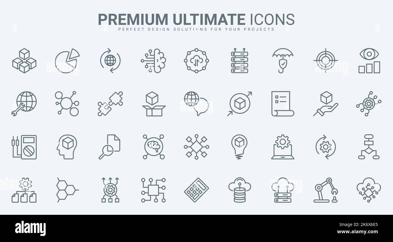 AI, machine learning and science thin line icons set vector illustration. Outline intelligent machine with neural electronic system, innovation of artificial intelligence and digital data support Stock Vector