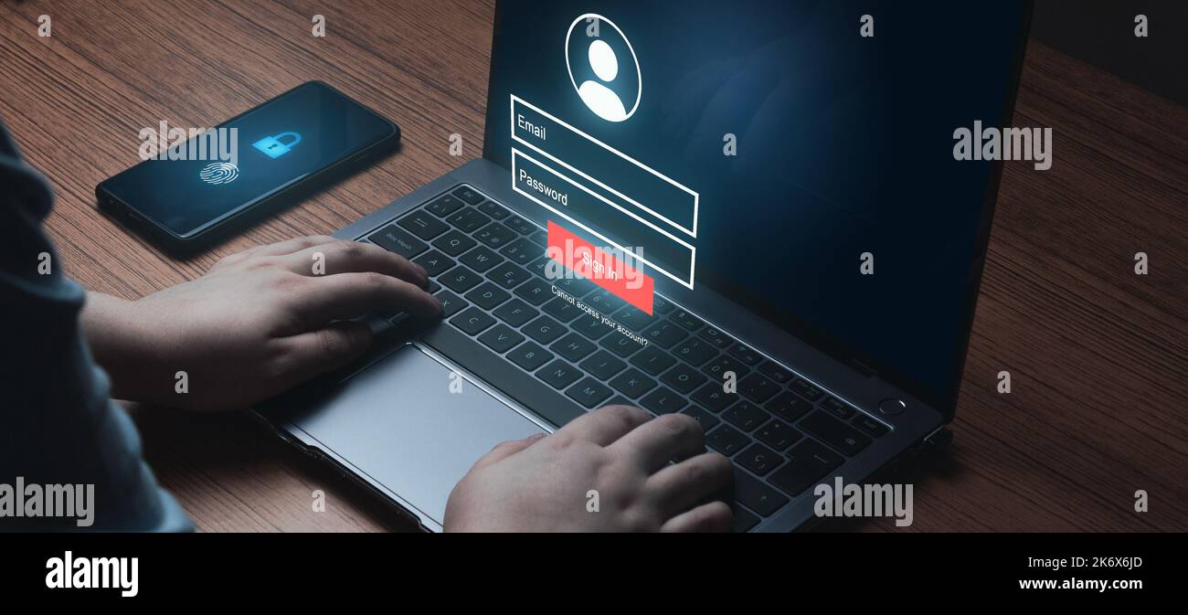 Banner of woman using laptop with VR interface on keyboard. Secure access to user's personal information. Sign in with username and password. Stock Photo