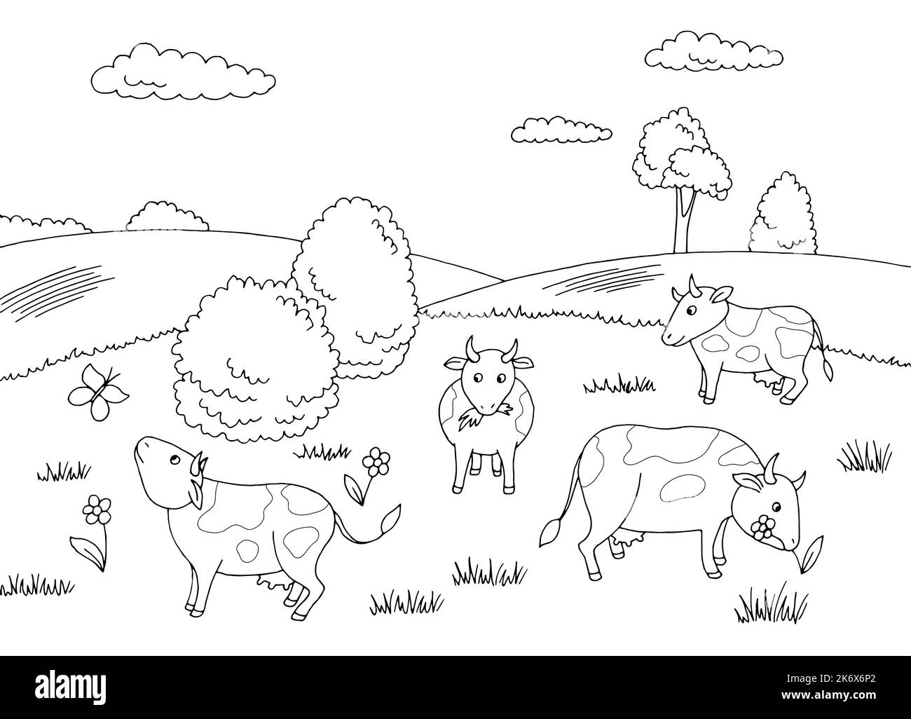 Funny cow feeding grass on the hill graphic black white sketch illustration vector Stock Vector