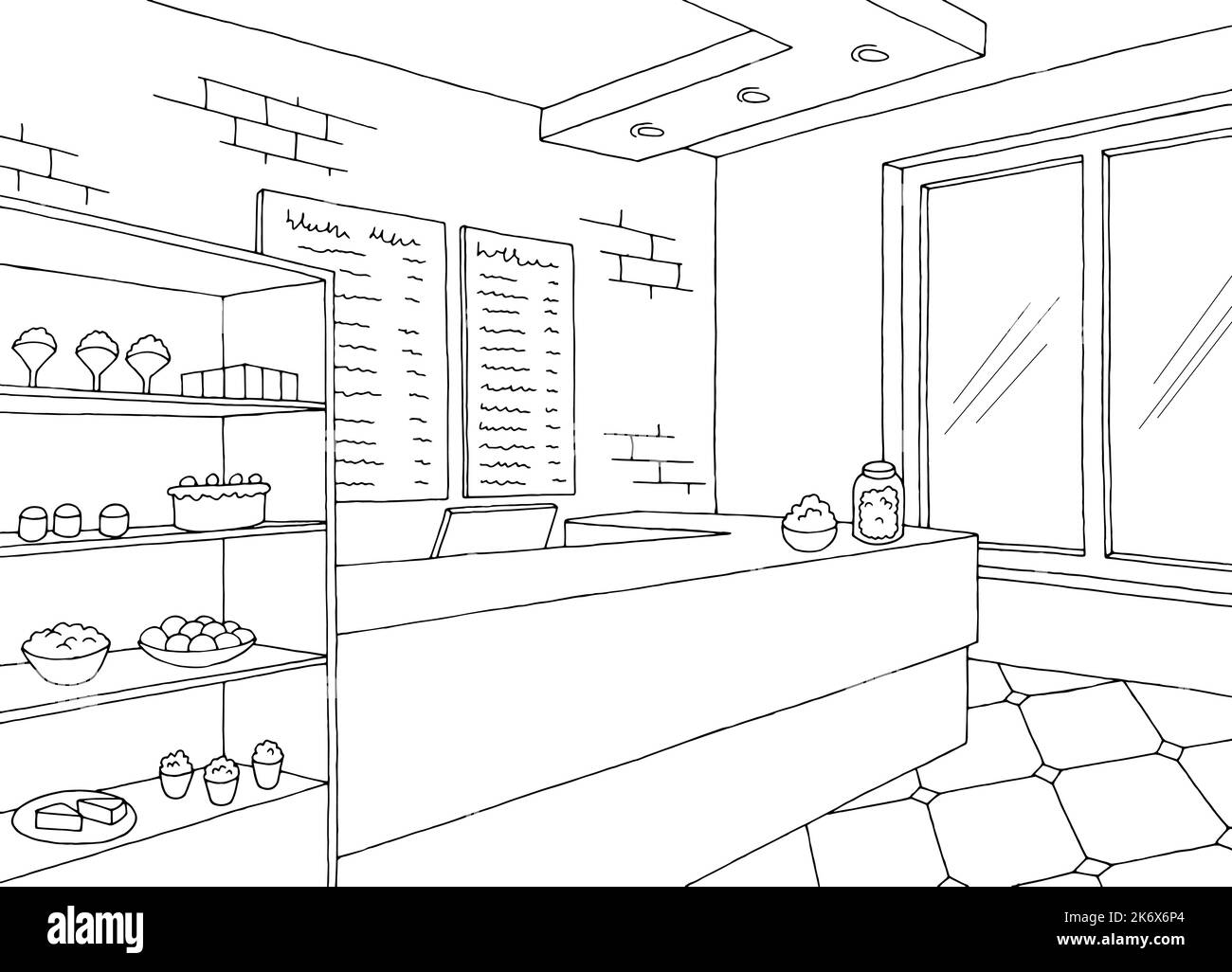Cafe graphic black white interior sketch illustration vector Stock Vector