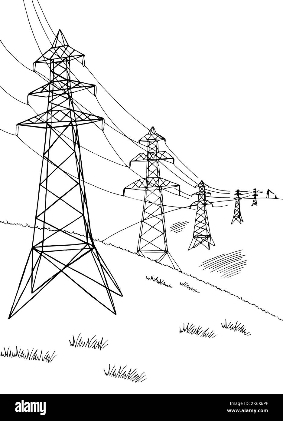 Power line graphic black white landscape sketch vertical illustration