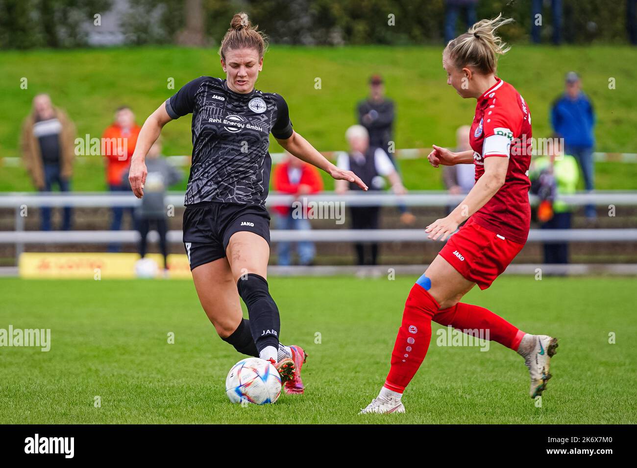 Andernach, Germany. 16th Oct, 2022. Andernach, Germany, October 16th 2022: Carolin Schraa (7 Andernach) controls the ball prior to Laura Lindner (38 Potsdam) during the 2. Frauen-Bundesliga match between SG 99 Andernach and Turbine Potsdam II at the Andernach Stadium in Andernach, Germany. (Norina Toenges/Sports Press Photo/SPP) Credit: SPP Sport Press Photo. /Alamy Live News Stock Photo