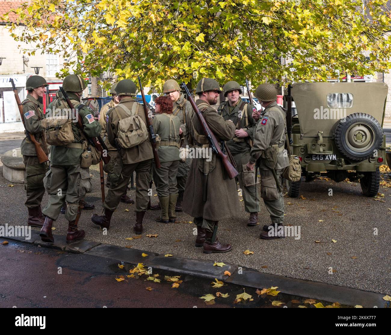 A group of re-enactors of the American 82nd Airborne 505th infantry regiment at the annual poppy appeal event in Bolsover, Derbyshire, England. Stock Photo