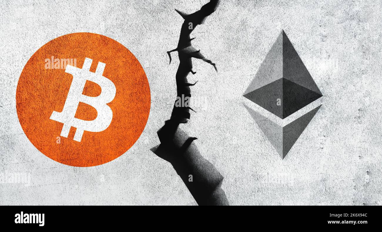 Bitcoin (BTC) vs Ethereum (ETH) symbols on cracked wall background.  Cryptocurrency concept Stock Photo - Alamy