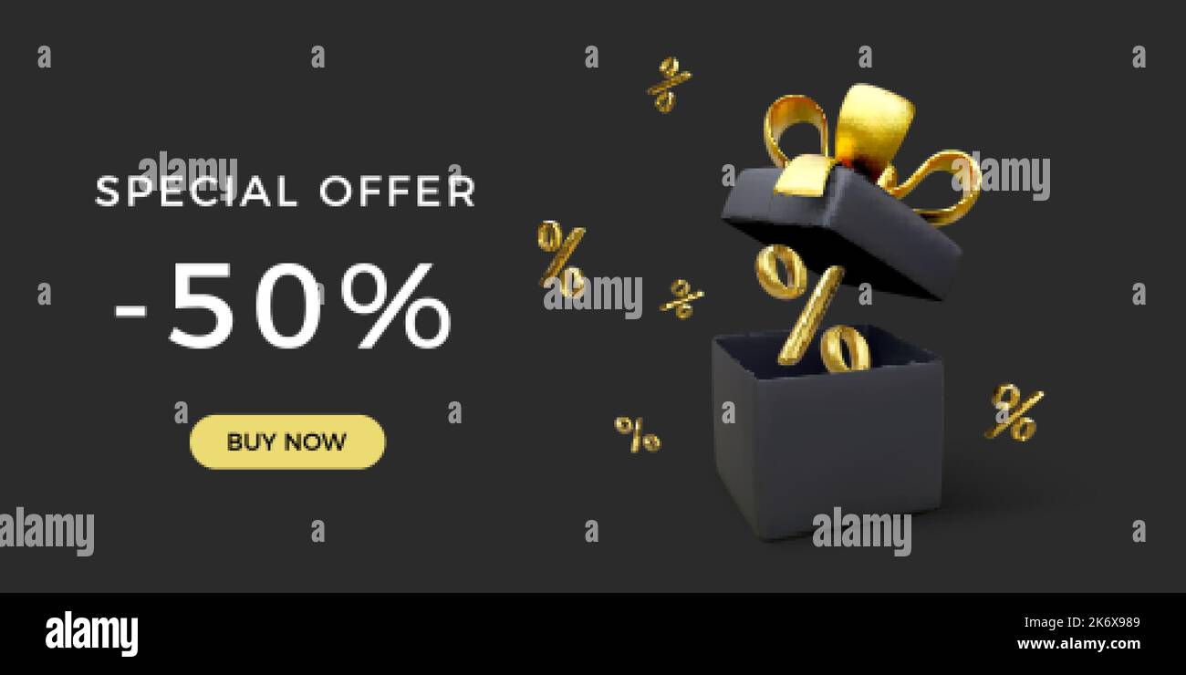 Special offer and discount sale in dark color. Black open gift box with percent sign in gold color and falling small persentage symbols. Vector illust Stock Vector