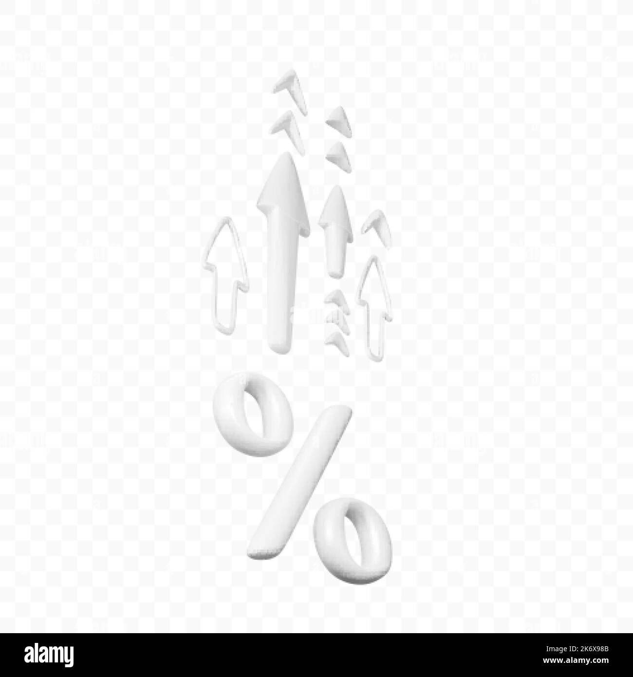 White 3D realistic cartoon Arrow and Percent symbol. Growth interest rate isolated on transparent background. Design element for business concept. Vec Stock Vector