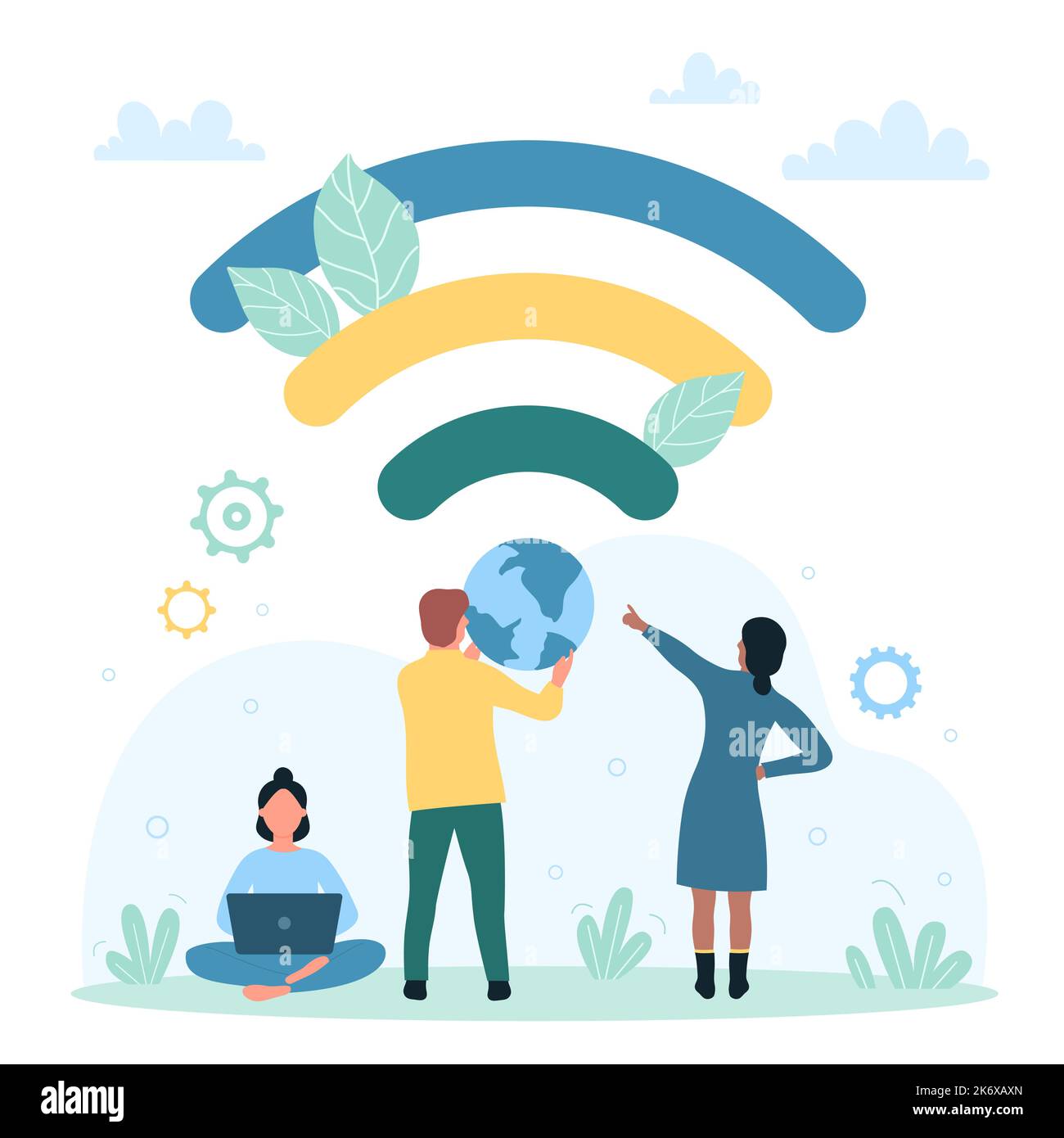 WIFI, connection and public assess vector illustration. Cartoon tiny people in free internet zone using laptop near WIFI sign, hotspot with wireless signal for chat, communication and online work Stock Vector