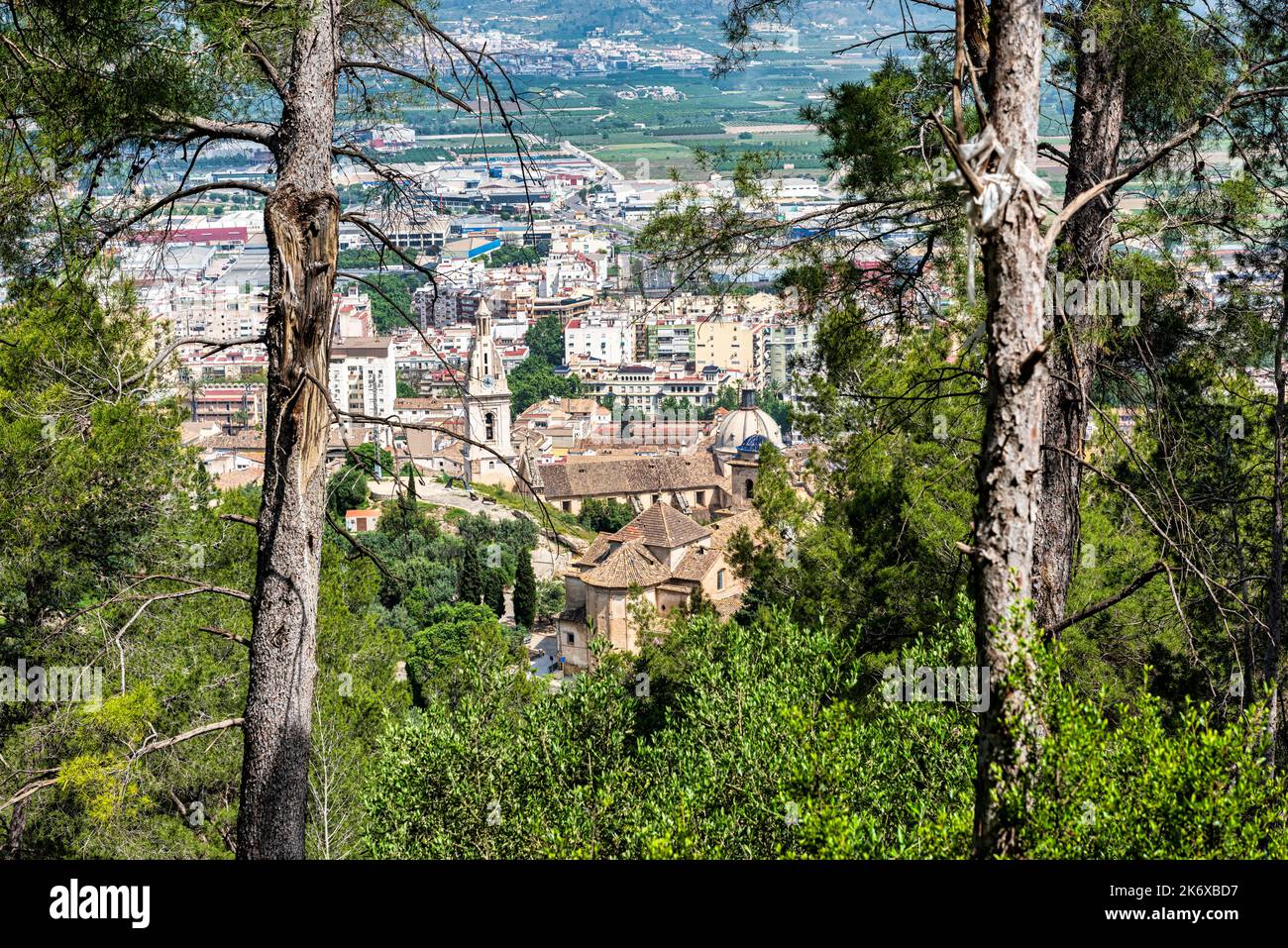 View of the Town of Xativa and The Collegiate Basilica of Santa Maria an hour outside of Valencia in Spain Stock Photo