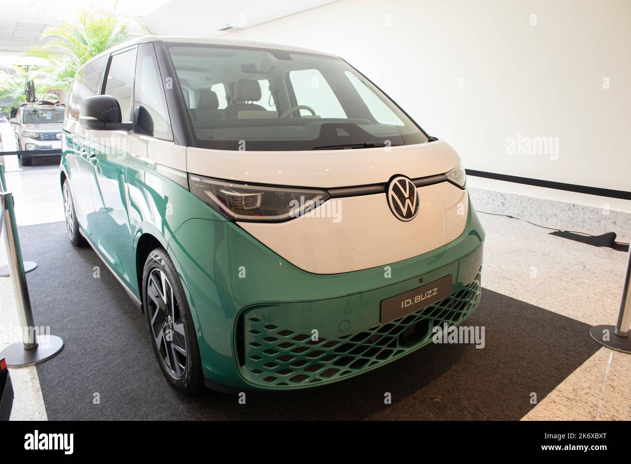 ATIBAIA Brazil, OCT 7, 2022 Green white VW ID Buzz or ID.Buzz. Electric Volkswagen Bulli