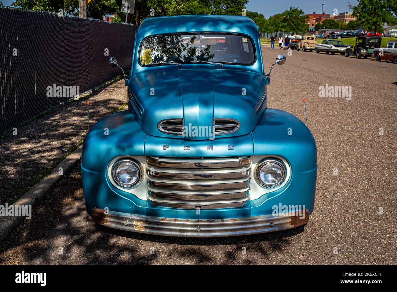 Falcon Heights, MN - June 19, 2022: High perspective front view of a Customized 1948 Ford F1 Panel Truck at a local car show. Stock Photo