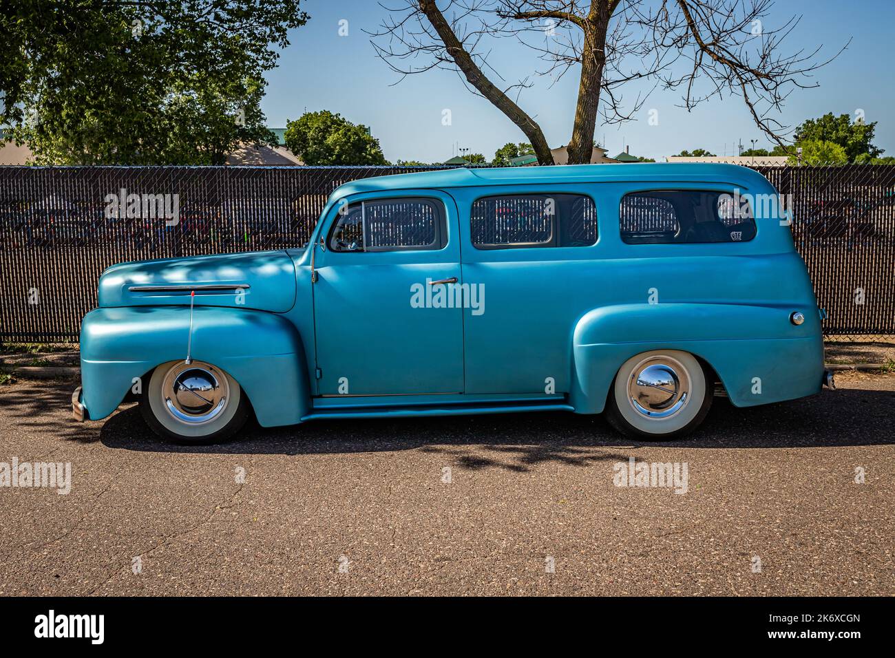 Falcon Heights, MN - June 19, 2022: High perspective side view of a Customized 1948 Ford F1 Panel Truck at a local car show. Stock Photo