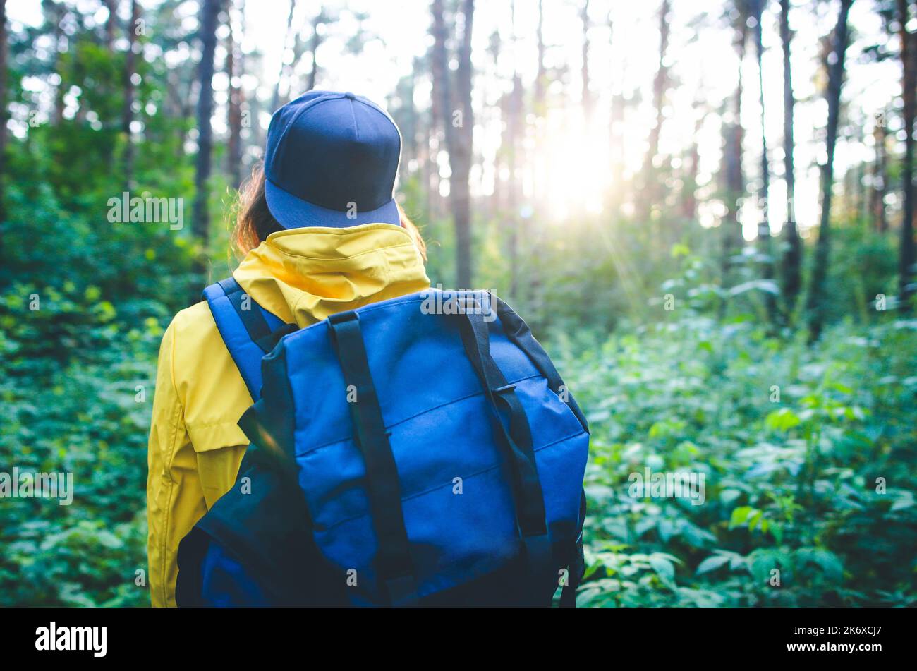 Back view of traveler hipster girl with backpack walking in the forest ...