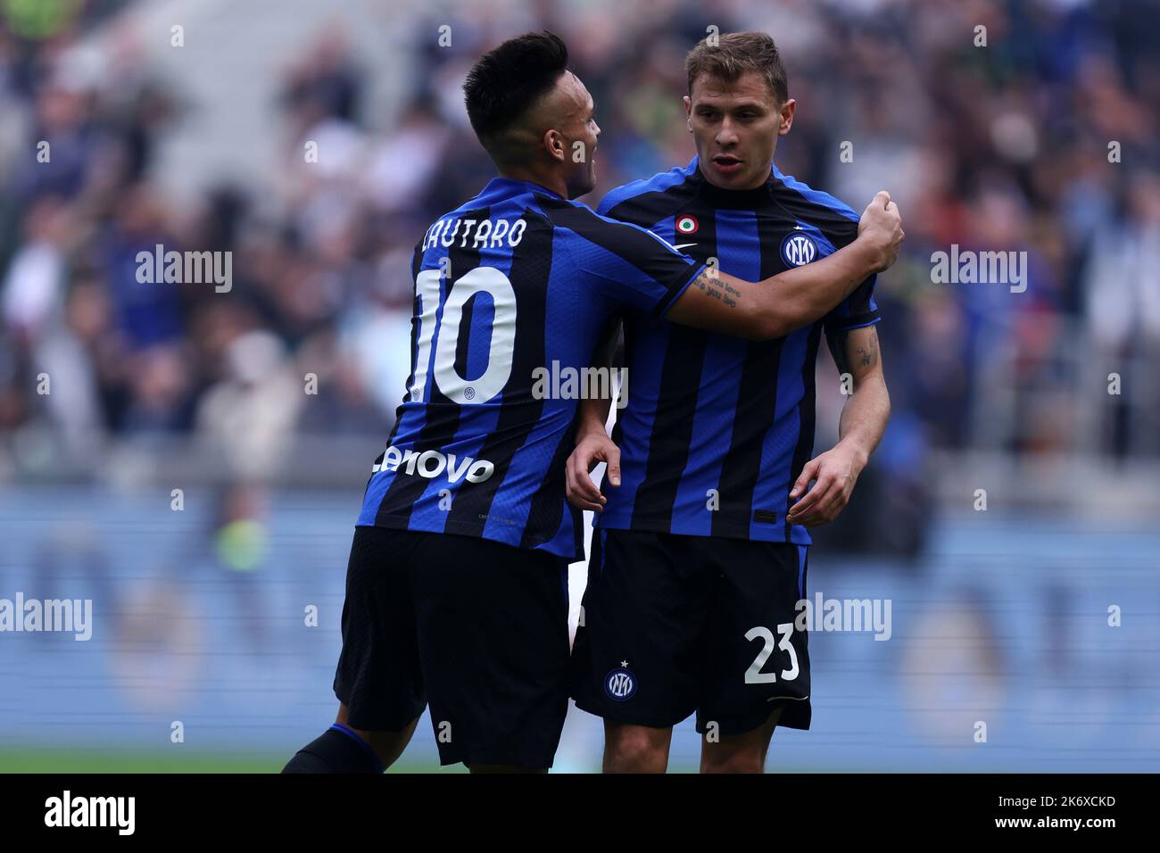 Nicolo Barella of Fc Internazionale celebrates after scoring his team's second goal with team mate Lautaro Martinez  during the  Serie A match beetween Fc Internazionale and Us Salernitana at Stadio Giuseppe Meazza on October 16, 2022 in Milan Italy . Credit: Marco Canoniero/Alamy Live News Stock Photo