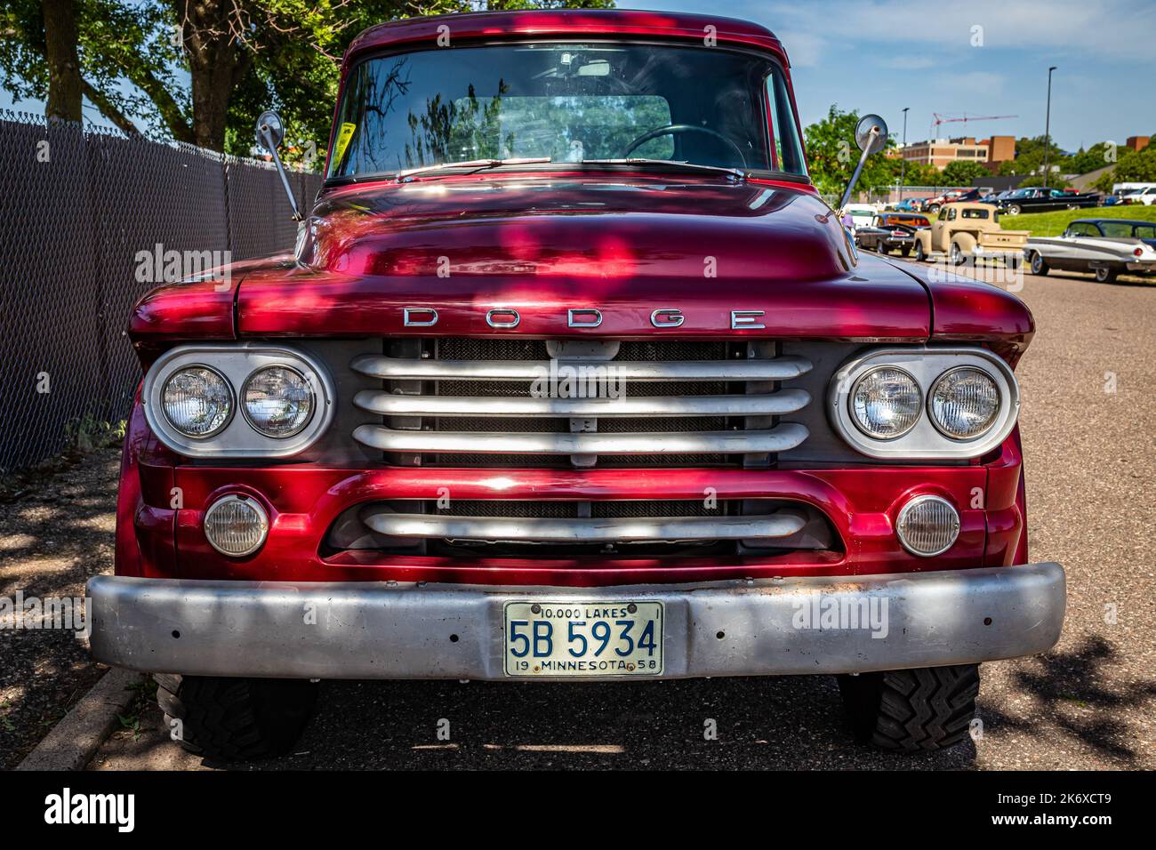 Falcon Heights, MN - June 19, 2022: High perspective front view of a 1958 Dodge W-100 Power Wagon Pickup Truck at a local car show. Stock Photo