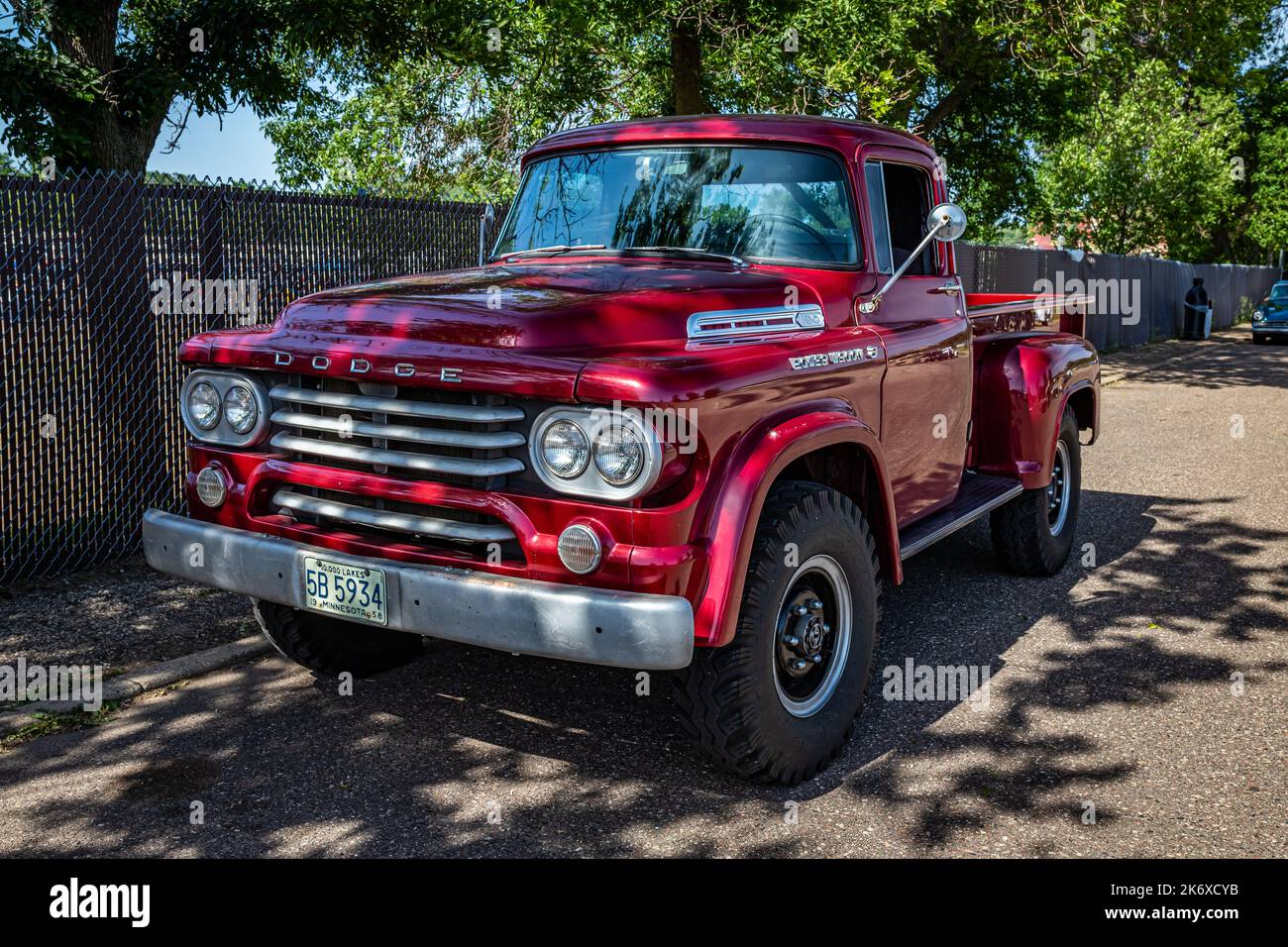 Falcon Heights, MN - June 19, 2022: High perspective front corner view of a 1958 Dodge W-100 Power Wagon Pickup Truck at a local car show. Stock Photo