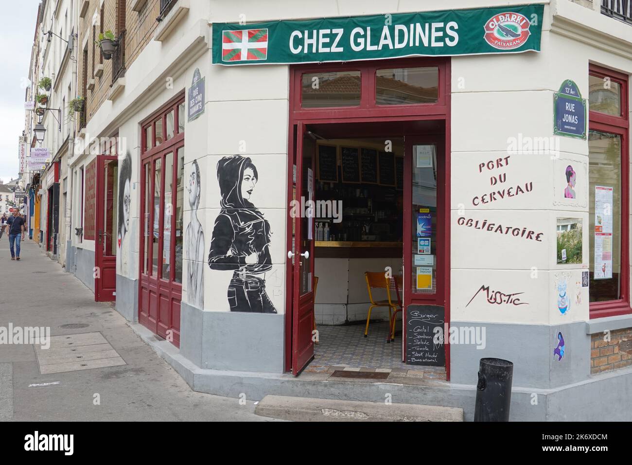 Paris, Butte aux Cailles, Restaurant Chex Gladines, Street Art by Misstic // Paris, Butte aux Cailles, Restaurant Chex Gladines, Street Art by Misstic Stock Photo