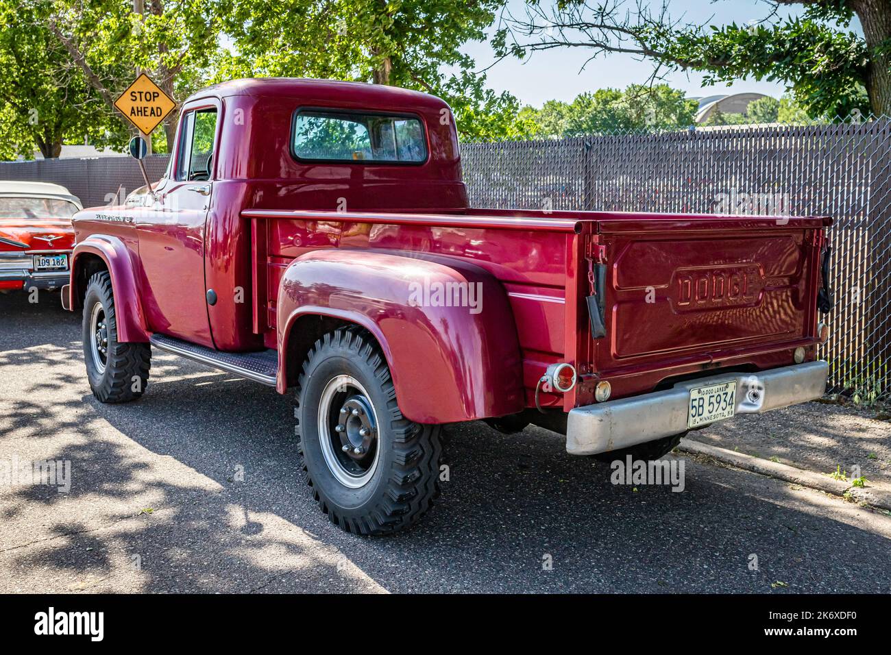 Falcon Heights, MN - June 19, 2022: High perspective rear corner view of a 1958 Dodge W-100 Power Wagon Pickup Truck at a local car show. Stock Photo