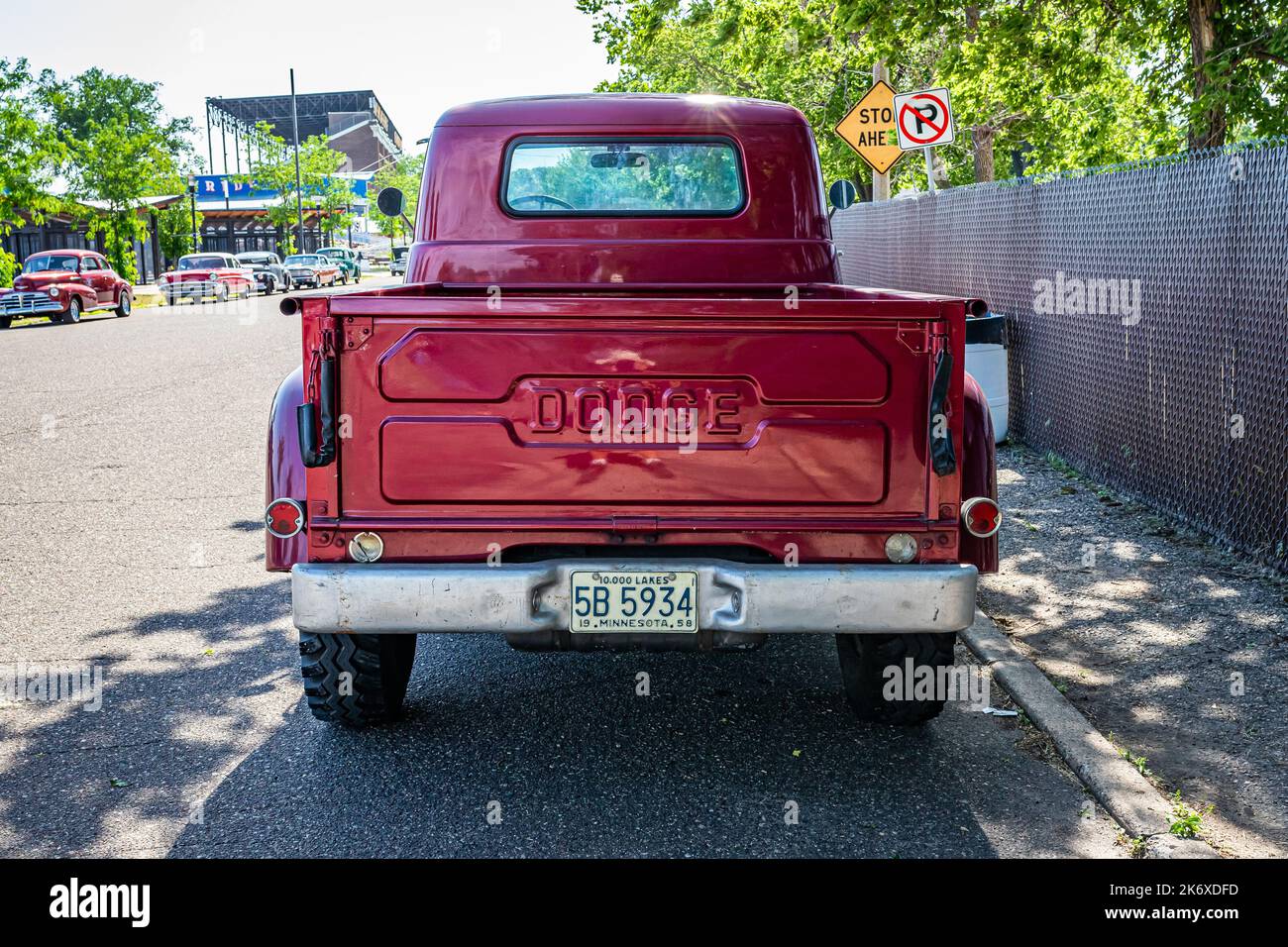 Falcon Heights, MN - June 19, 2022: High perspective rear view of a 1958 Dodge W-100 Power Wagon Pickup Truck at a local car show. Stock Photo