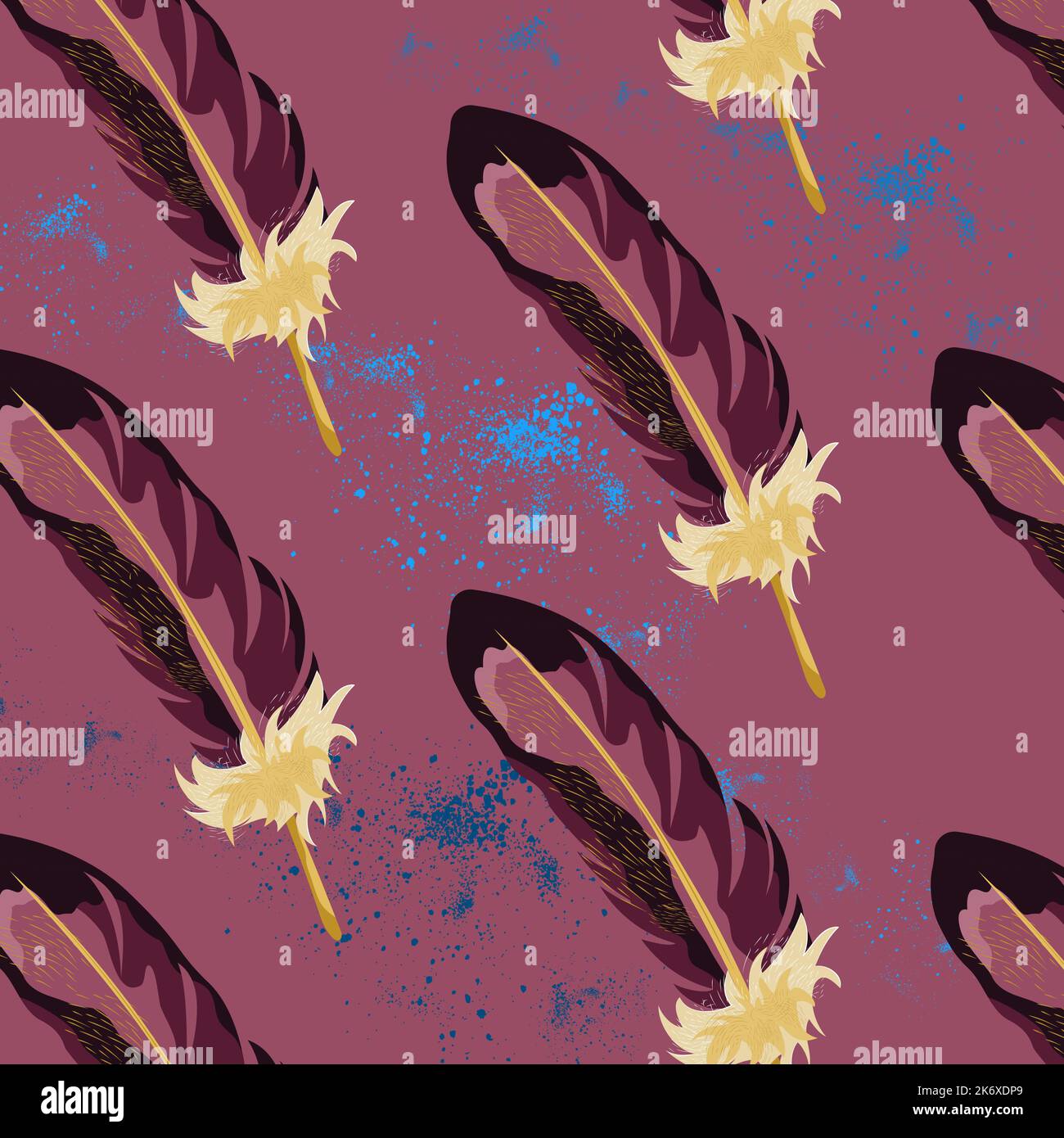 Hand drawn vector seamless pattern with painted bird feathers.  Stock Vector