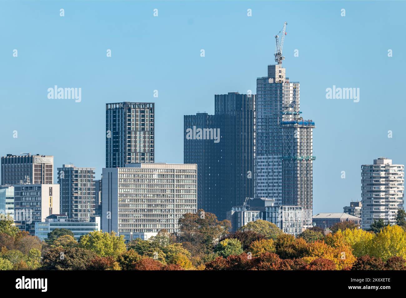 Croydon skyscrapers: The 2 tallest buildings, Ten Degrees and College Rd, with the Nestle building frame left and No. 1 Croydon frame right. Stock Photo