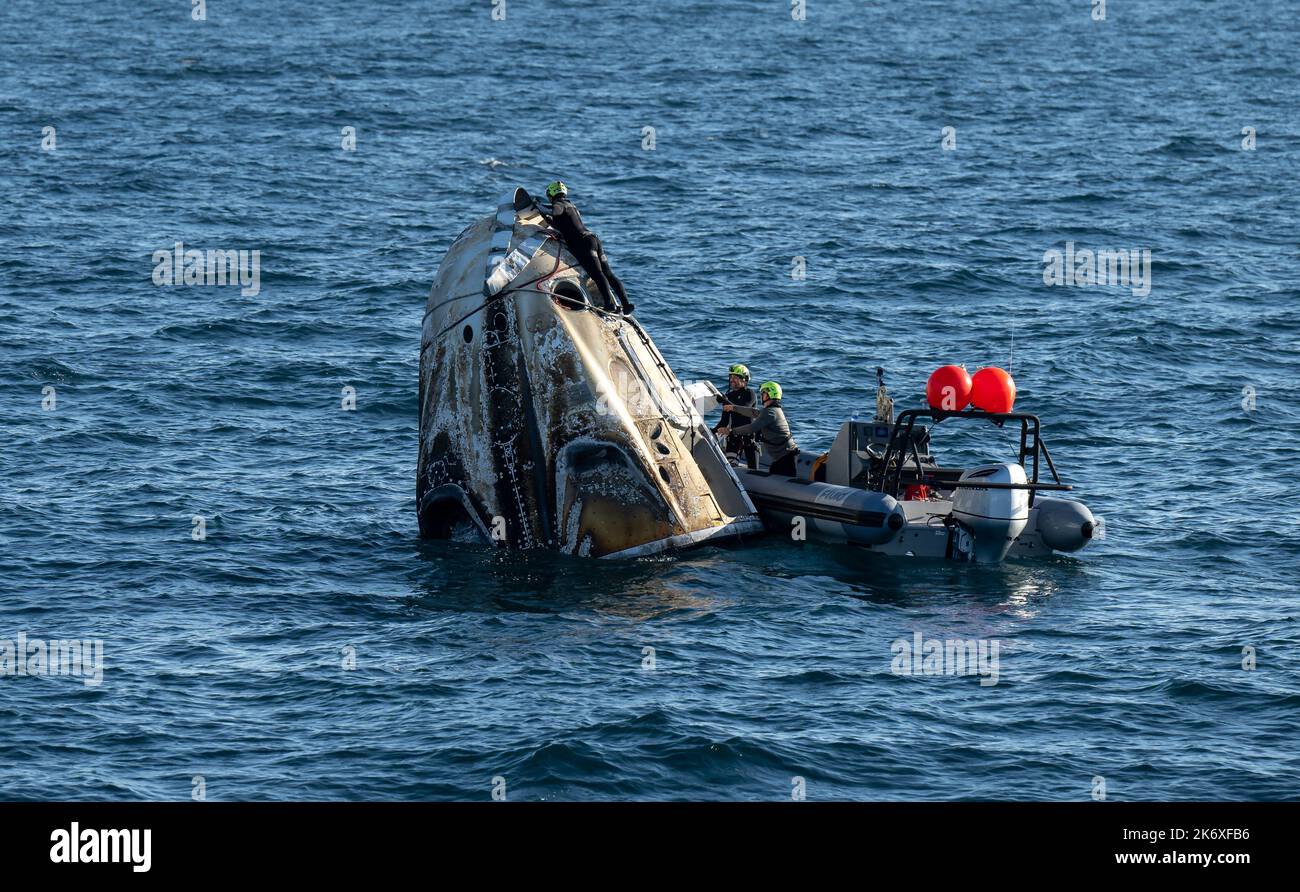 Support teams work around the SpaceX Crew Dragon Freedom spacecraft