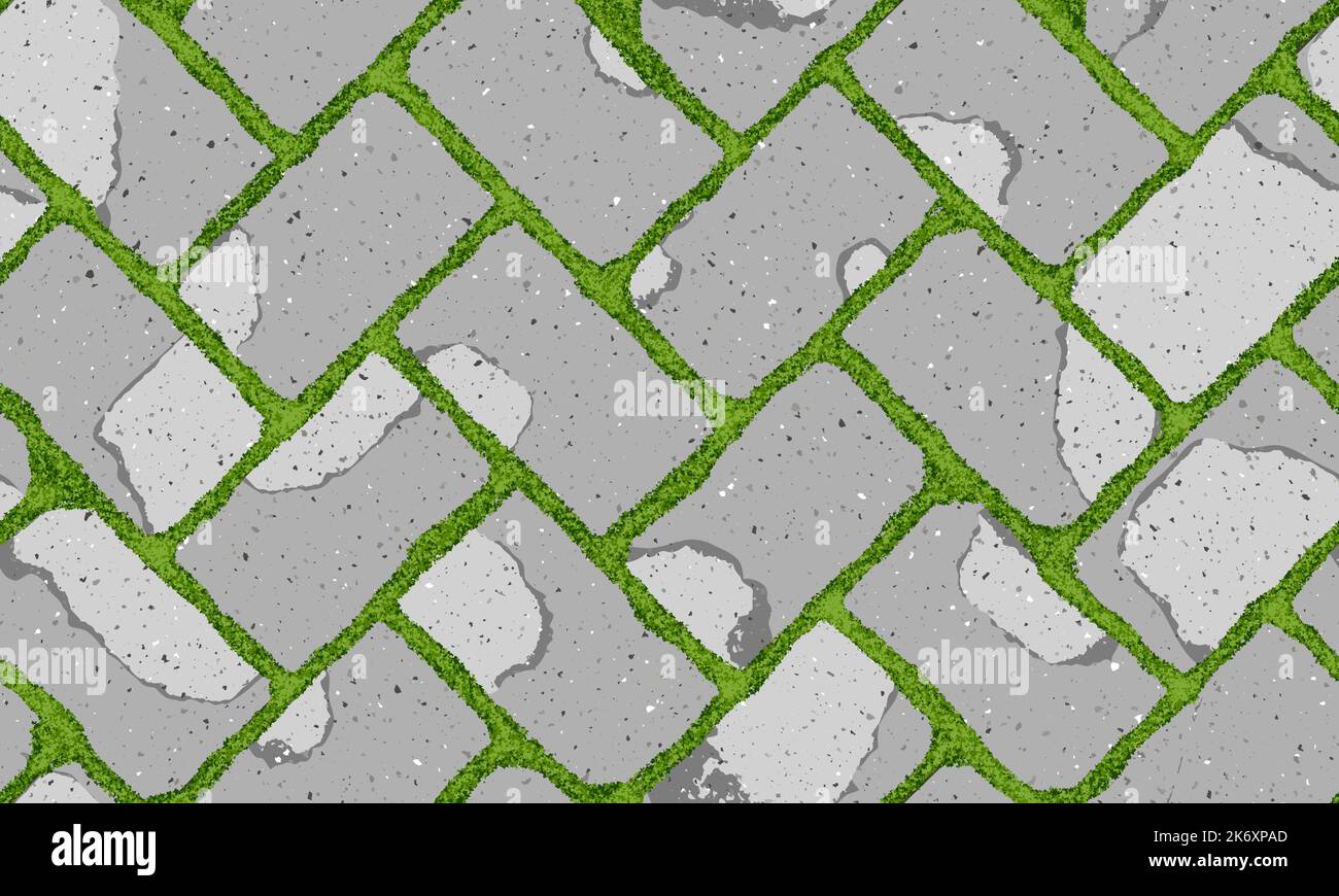 Seamless pattern of old pavement with moss and herringbone textured cracked old bricks Stock Vector