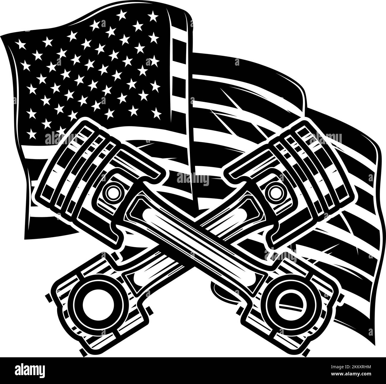 Crossed pistons on us flag background. Design element for poster, card