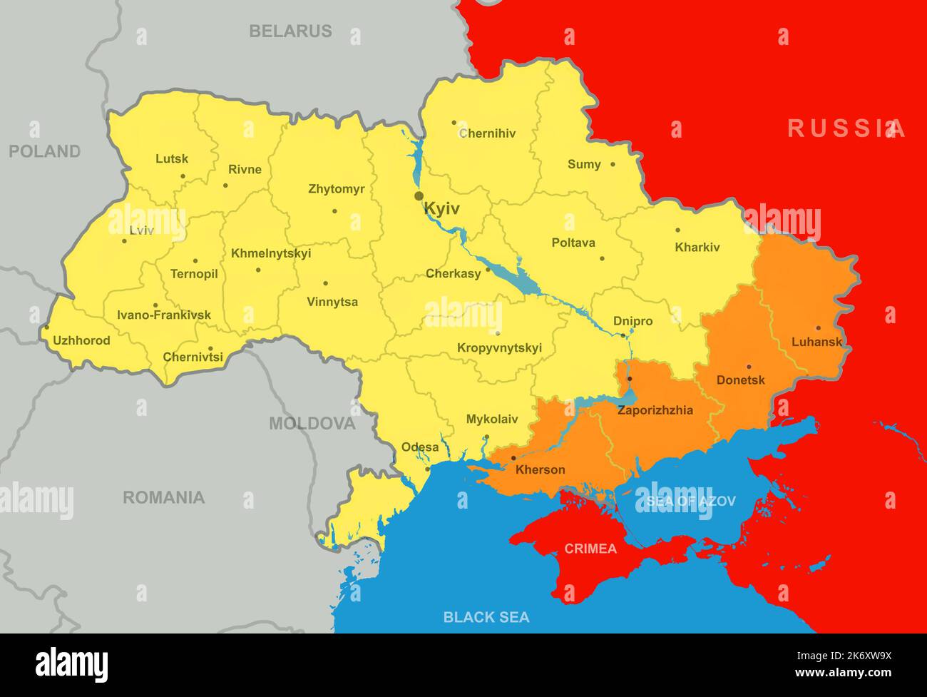 Ukraine map after referendums in Donetsk, Luhansk, Kherson and Zaporizhzhia regions. They became part of Russia in 2022 due to Russian-Ukrainian war. Stock Photo