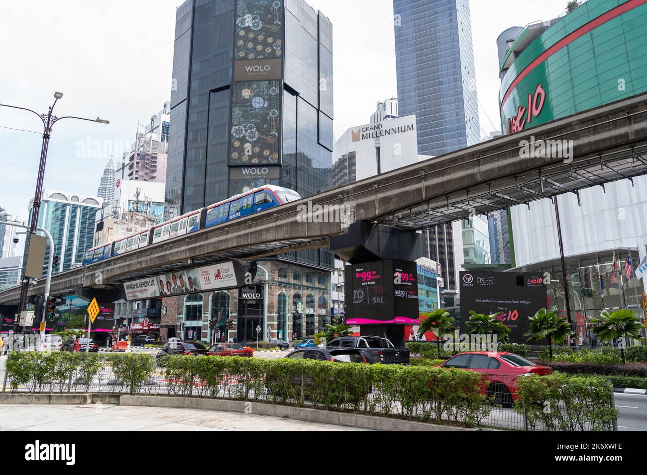 Kuala Lumpur, Malaysia - October 16,2022 : KL Monorail train public transport passing through Bukit Bintang area. People can seen exploring around it. Stock Photo