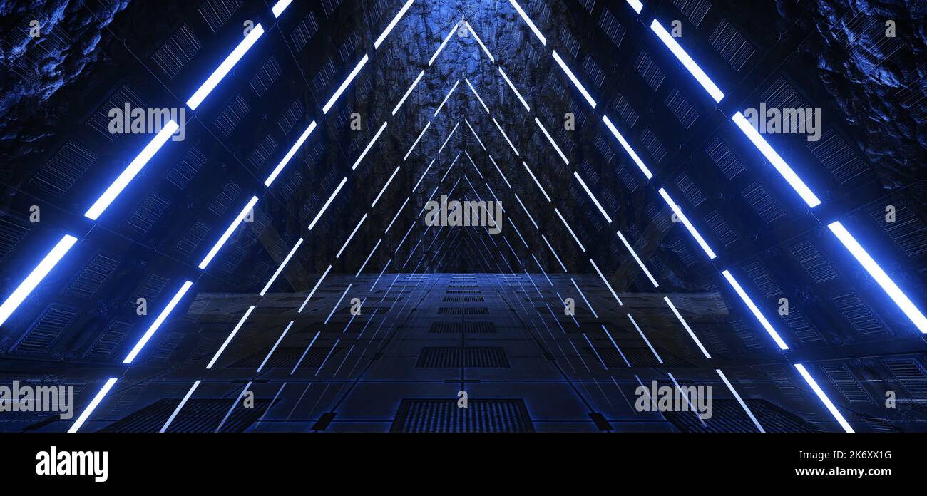 Neon Blue Cyber Sci Fi Futuristic Alien Bunker Spaceship Dark Metal Panels Glossy Realistic Tunnel Corridor Hallway Showroom Underground Hangar Garage Stock Photo