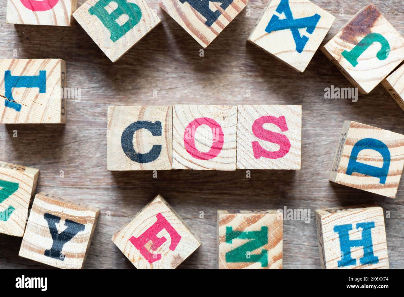 Alphabet letter block in word COS (Abbreviation of Cost of sales, Class of service, Cosine) and
