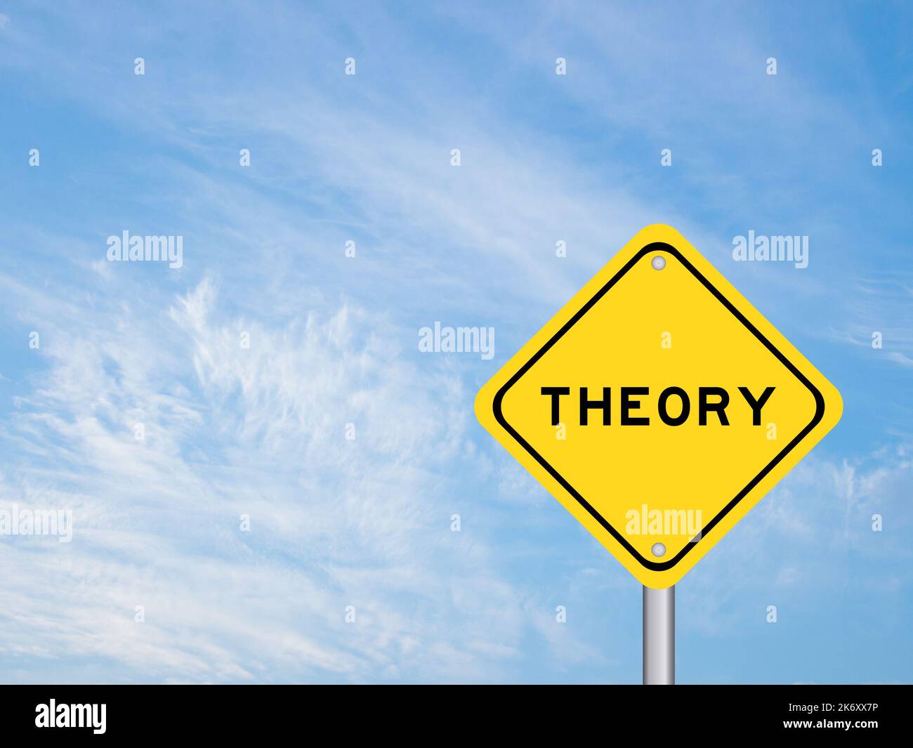 Yellow transportation sign with word theory on blue sky background Stock Photo