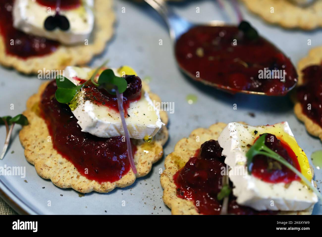 Canape with jam and brie cheese. Healthy snack Stock Photo Alamy