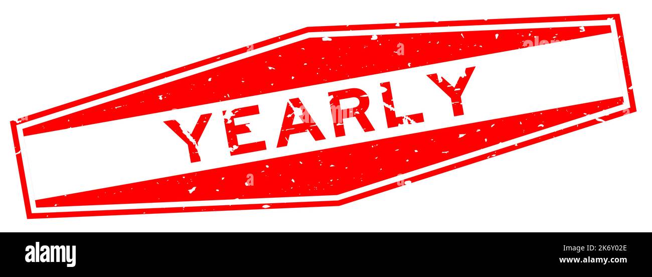 Grunge red yearly word hexagon rubber seal stamp on white background ...