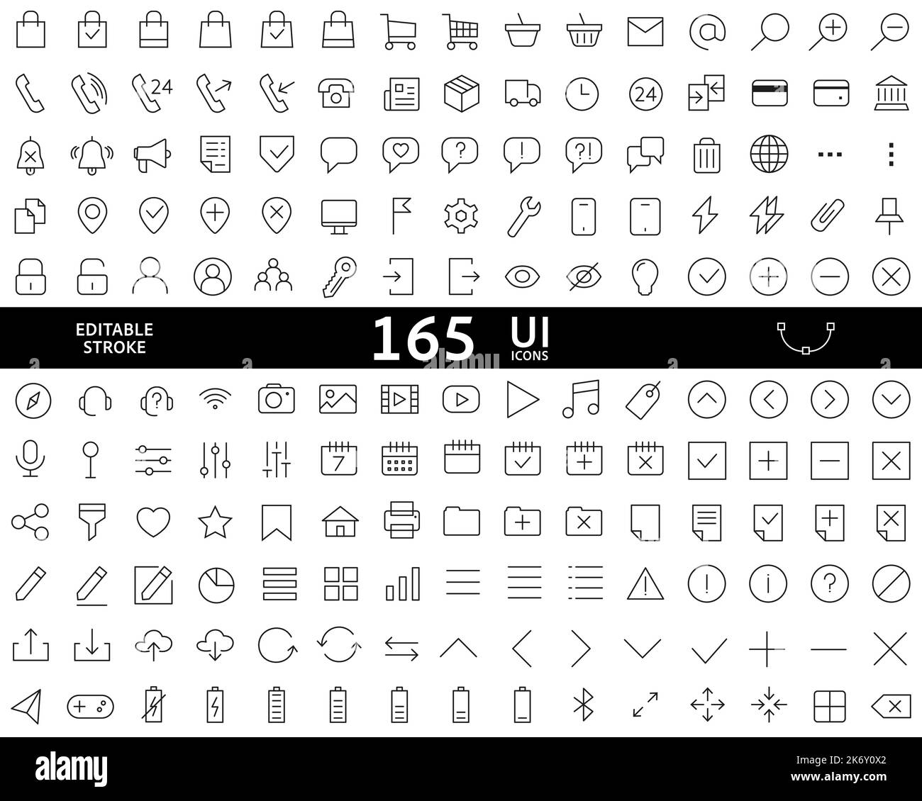 Rectangular style website icons ui material design set. Set of ecommerce and online shopping icons - cart, bag, delivery truck, payments, arrows, user Stock Vector