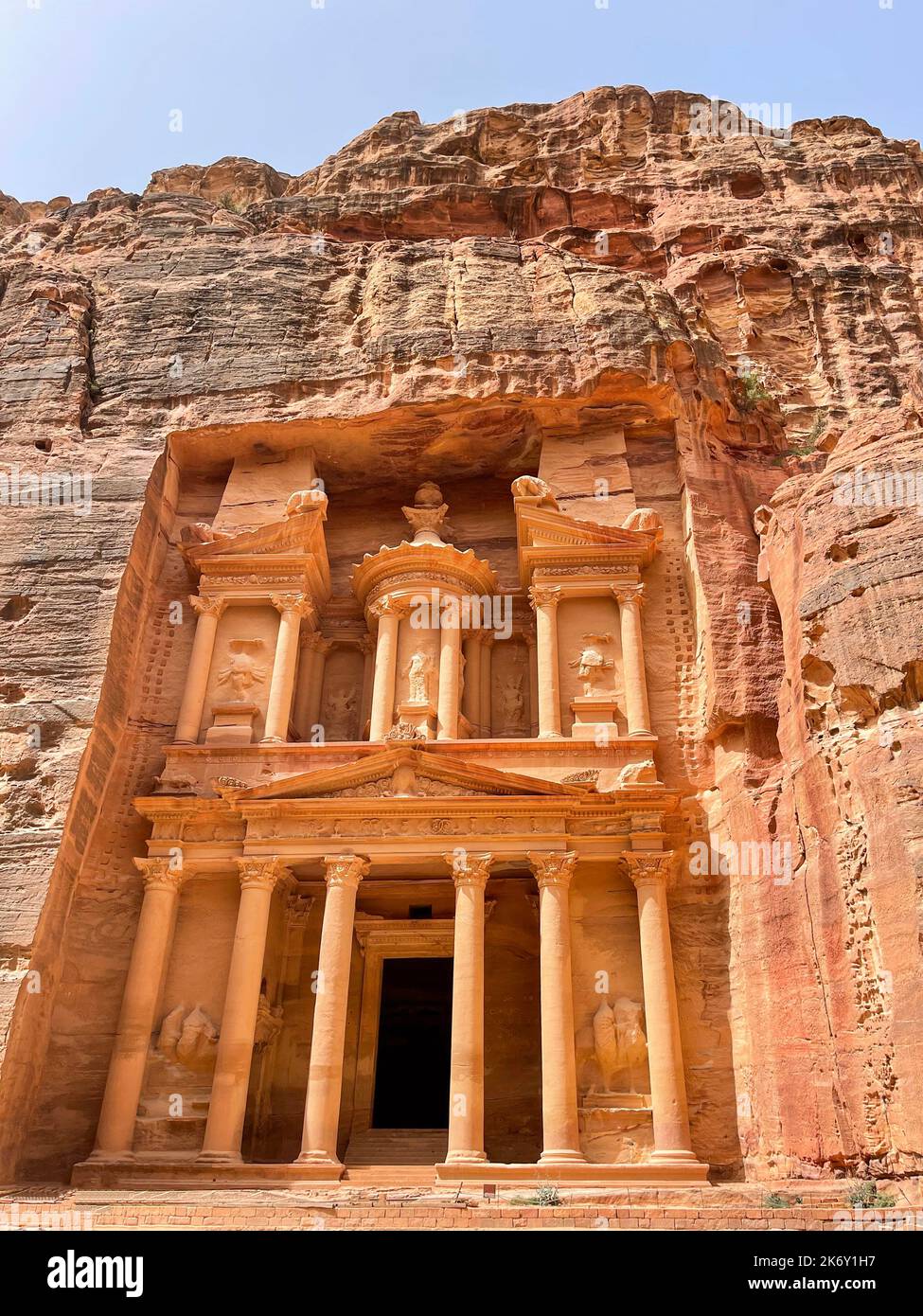 Treasury, the famous monument in Petra, Jordan,a city of the Nabatean Kingdom inhabited by the Arabs in ancient times. It is also known as Al-Khazneh. Stock Photo