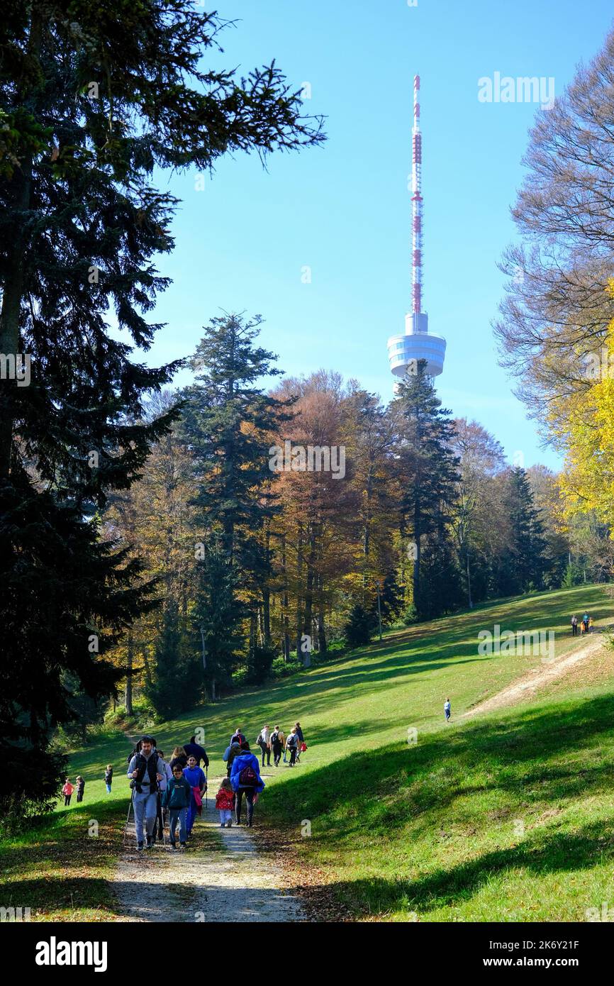 Visitors enjoy autumn nature on Medvednica mountain in Zagreb, Croatia