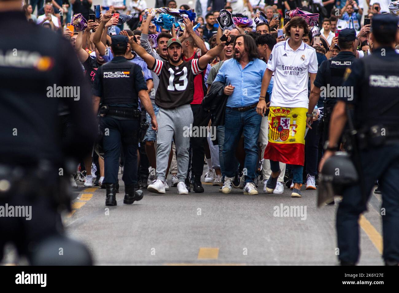 Madrid, Spain. 16th Oct, 2022. Real Madrid fans shout slogans ahead of the derby match 'El Clasico' in the Santiago Bernabeu Stadium between Real Madrid and F.C. Barcelona teams. Credit: Marcos del Mazo/Alamy Live News Stock Photo