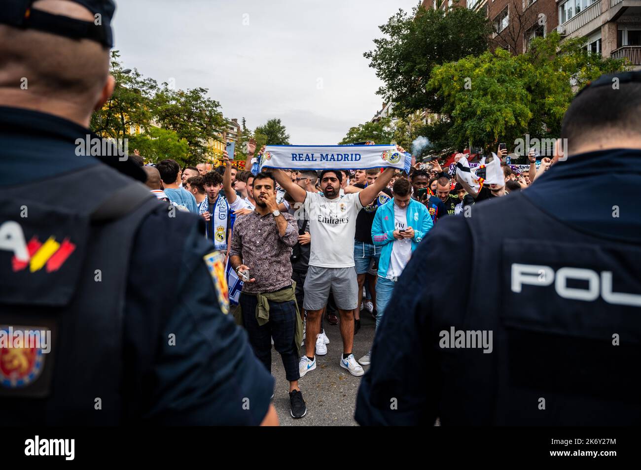 Madrid, Spain. 16th Oct, 2022. Real Madrid fans shout slogans ahead of the derby match 'El Clasico' in the Santiago Bernabeu Stadium between Real Madrid and F.C. Barcelona teams. Credit: Marcos del Mazo/Alamy Live News Stock Photo
