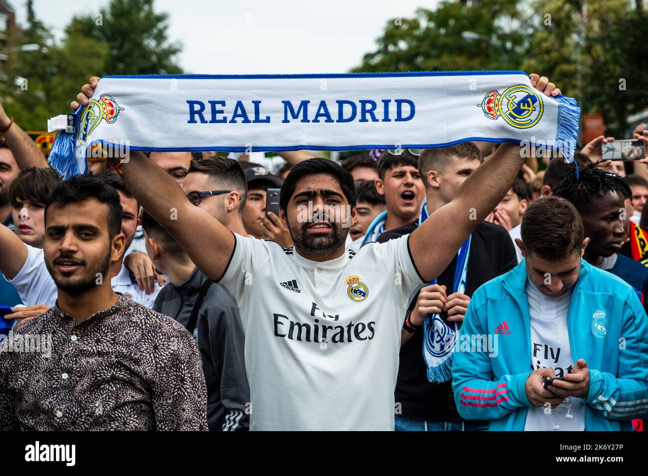 Madrid, Spain. 16th Oct, 2022. Real Madrid fans shouting slogans ahead of the derby match 'El Clasico' in the Santiago Bernabeu Stadium between Real Madrid and F.C. Barcelona teams. Credit: Marcos del Mazo/Alamy Live News Stock Photo