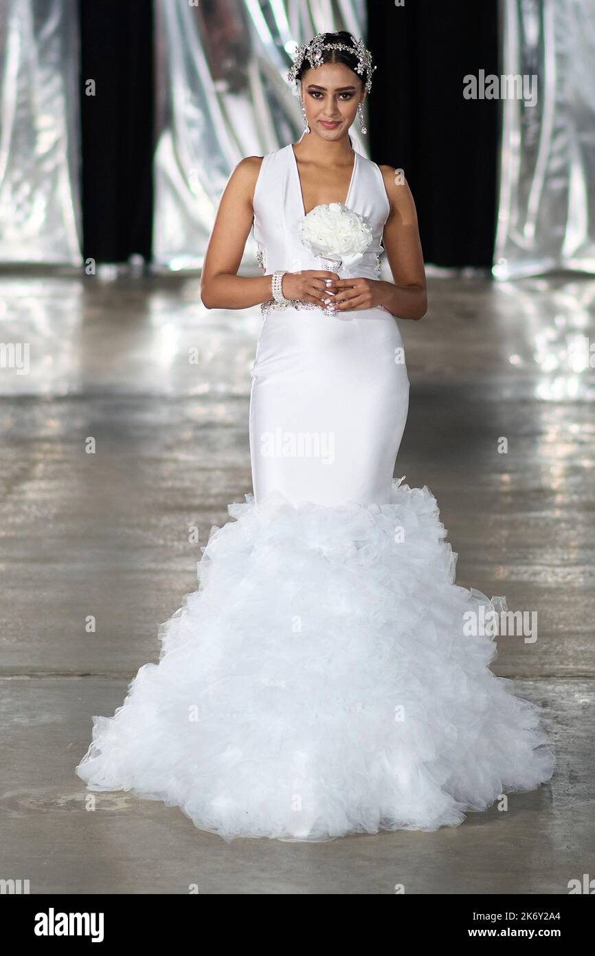 A model walks for designer 'Bodied by Jojo' at New York Fashion Week The Society at the Hall of Mirrors. Classic Bridal Gown. Stock Photo