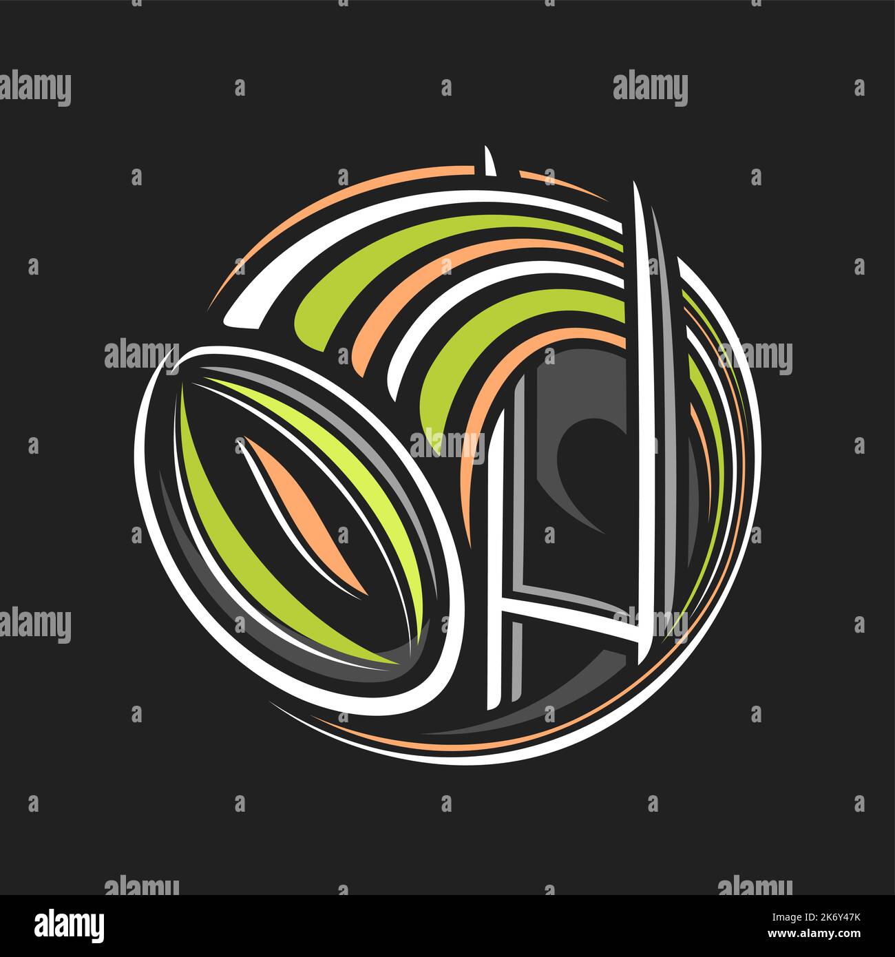 Vector logo for Rugby Sport, isolated modern emblem with abstract illustration of flying rugby ball over playground in goal, decorative line art sport Stock Vector