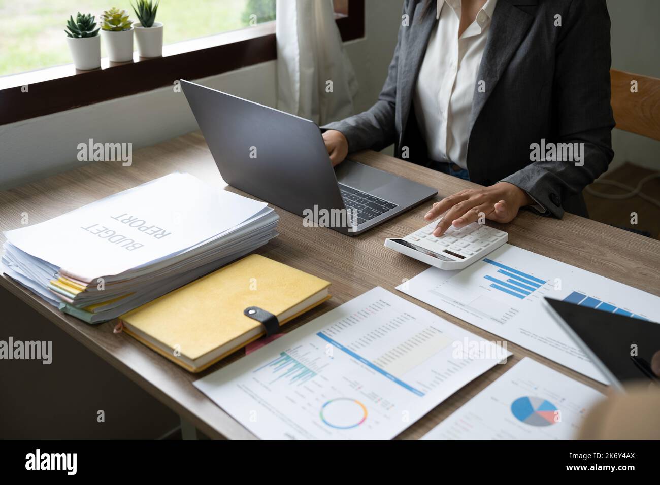 Entrepreneur woman counting profit, on calculator at laptop computer, analyzing benefits, enjoying financial success Stock Photo