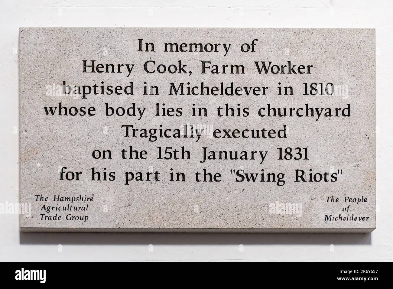 Memorial plaque to Swing Riots participant Henry Cook, a farm worker executed for his part in the riots in St Mary's Church, Micheldever, Hampshire UK Stock Photo