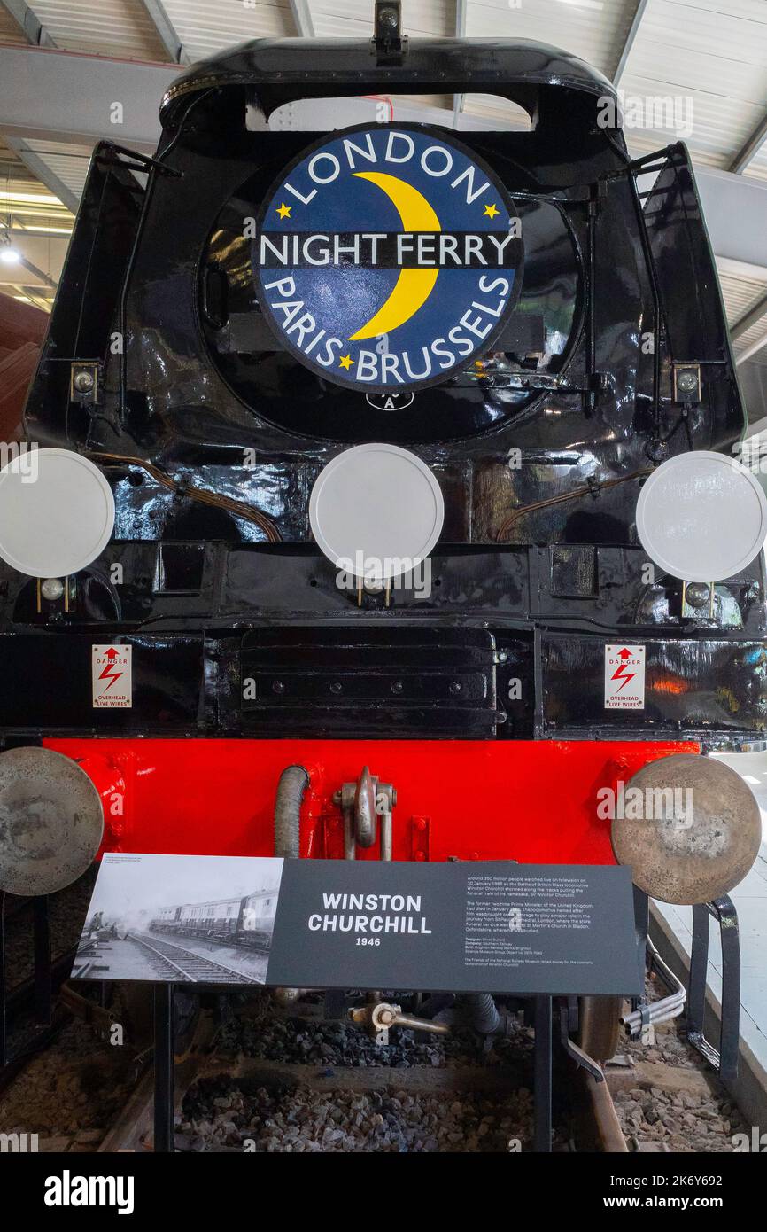 Head on view of the ex-Southern Railway pacific Sir Winston Churchill locomotive with a head board for night boat train service from London to Paris a Stock Photo